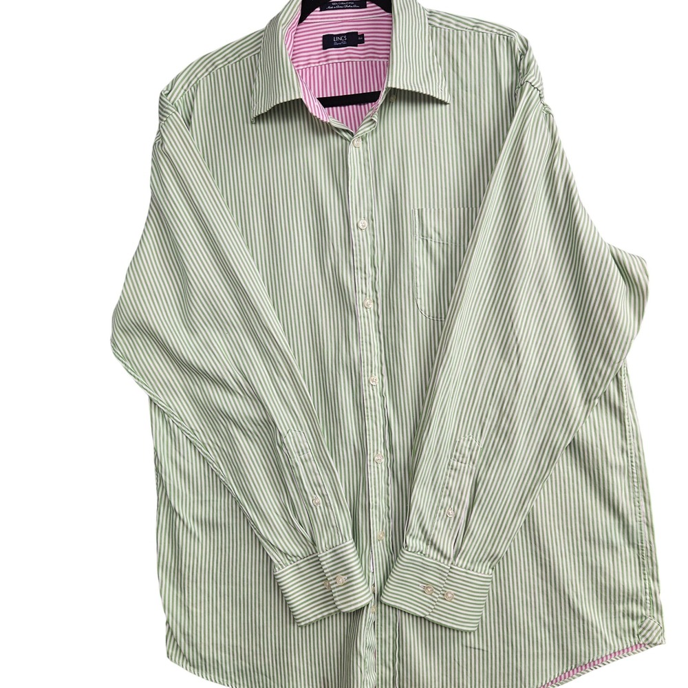 LINCS David Chu Mens XXL Green White Striped Cotton Button Dwn Shirt Long Sleeve